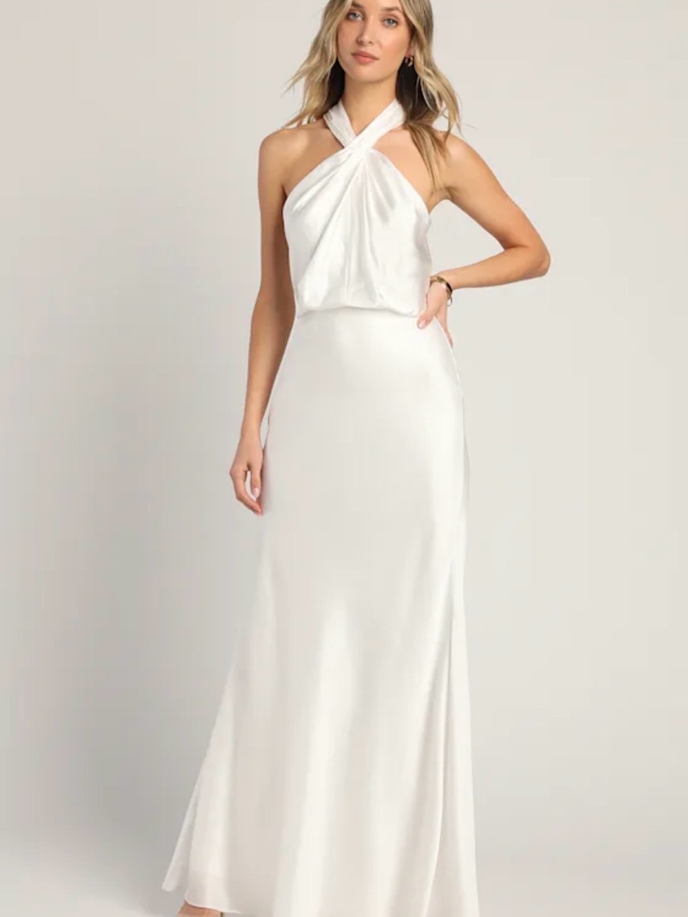 Lulu's White Satin Halter Maxi Dress